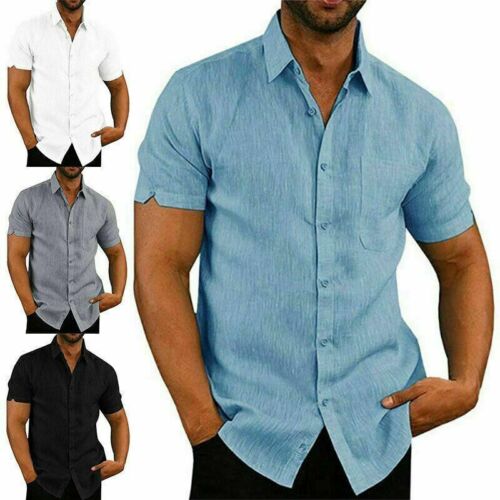 Mens Linen Style Short Sleeve Solid Shirts Casual Fit Formal Dress Top Tee Shirt - Picture 1 of 13
