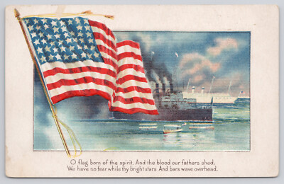 Patriotic Flag Bright Stars and Bar Wave Overhead Steam Boats Postcard C1910