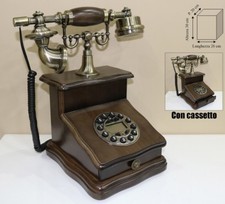 TELEFONO STILE ANTICO LEGNO NOCE RIFINITURE IN METALLO BRONZATO CON CASSETTO