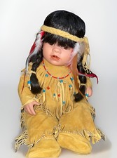 Vintage Linda Lee Sutton Native American Porcelain Doll Buckskin Feathers Signed