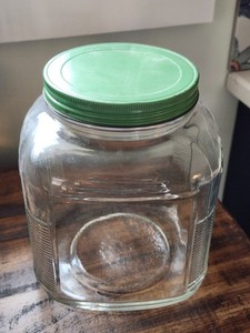 Vintage Hoosier Style Corner Ribbed Clear Glass One Gallon Jar With Green Lid