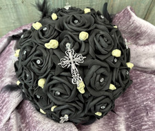 Stunning Large Black Gothic Wedding Bouquet Roses Skulls Crosses  (BQ2)