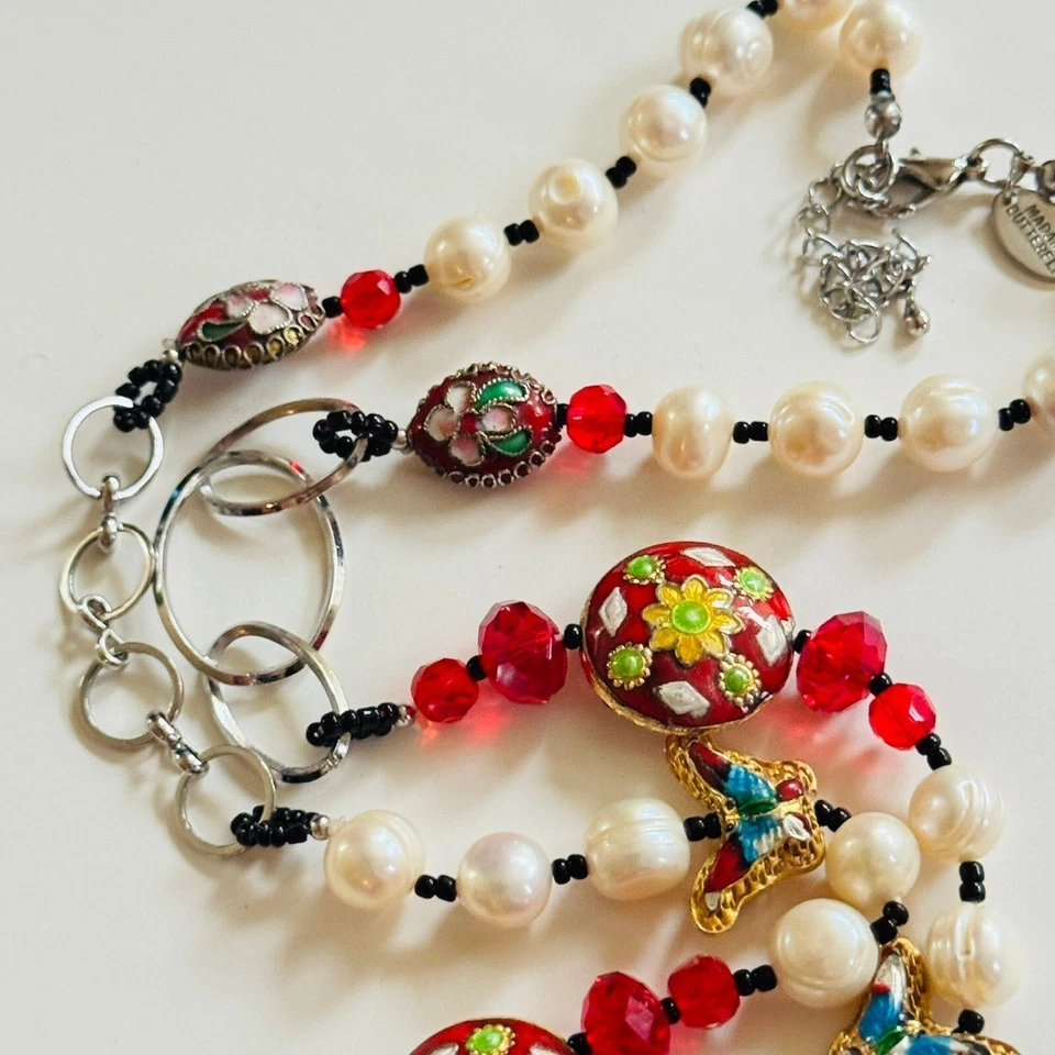De Colección Madame Mariposa Cloisonné Collar Perlas Agua Dulce Cuentas Rojo Floral 38" Foto 3 de 4