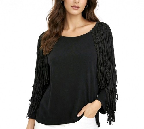 Sandro, Sandro Paris Top Black Sparkle Fringe 3/4 Sleeve Pullover Size 1 US Size S