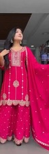 Attractive Pink Faux Georgette Top Palazzo With Dupatta For Reception Wear