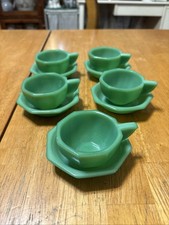 Vintage Akro-Agate Green Glass Small Octagon Set Of Five Bowl Saucers and Cups