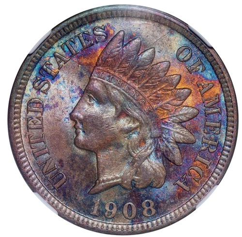 1908-S 1C MS62 BN NGC TONED COLOR INDIAN HEAD PENNY CENT