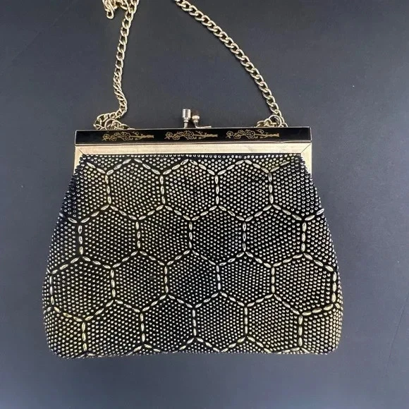Bolso de Noche Vintage Dorado y Plata Con Cuentas Metal Hecho en Hong Kong Detalles Rosa Foto 2 de 4