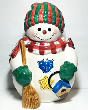 Holly Tree Snowman Cookie Jar Colorful Ceramic VTG  11" Hand Painted Christmas.