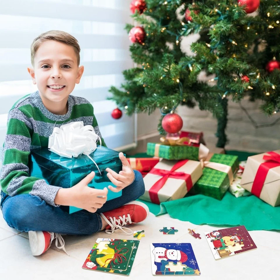 Paquete de 8 rompecabezas de madera de Navidad 9 piezas niños pequeños medias juguetes de peluche Foto 2 de 4