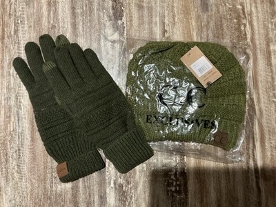CC C.C Soft Chenille Knit Hat Beanie Olive Stretch Skully Cap + CC Knit Gloves