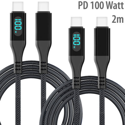 Callstel 2er-Set USB-C-Schnelllade-/Datenkabel mit LED-Display, PD 100 Watt, 2m