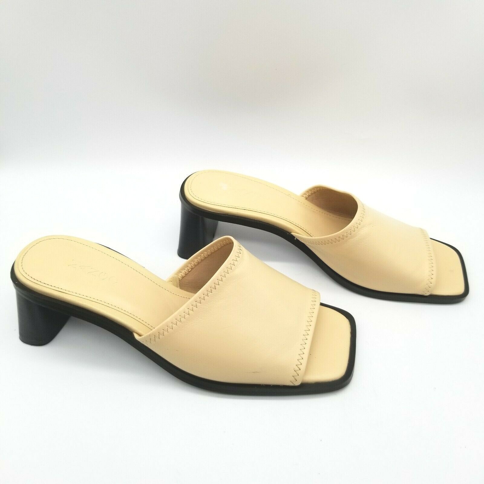 Mango Womens Cream Leather Open Toe Block Heel Slides Sandals 37 US 7 | eBay