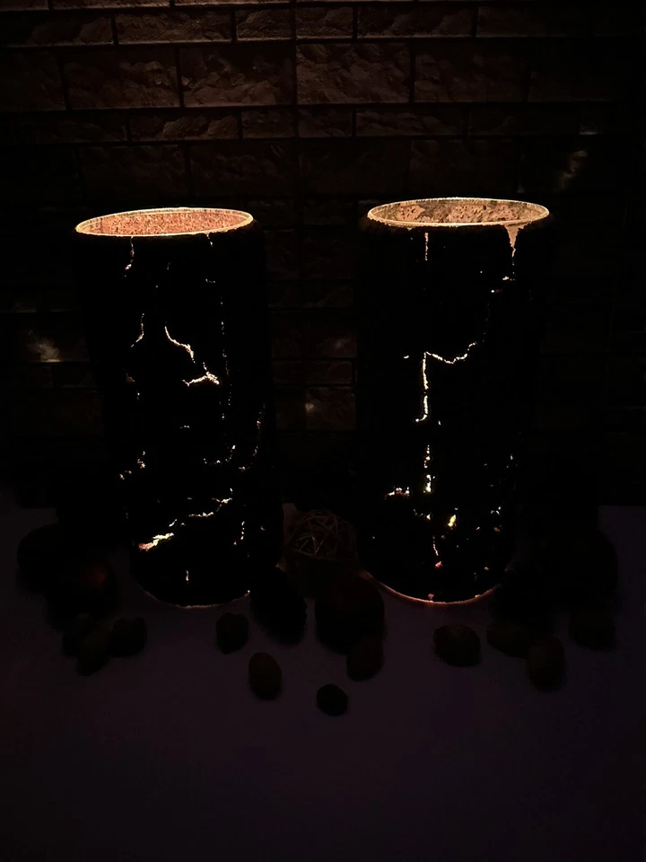 2 Large Natural Bark/ Wood/ Glass Covered Candle Holders W/ Candles Dbls As Vase - Image 4 of 4