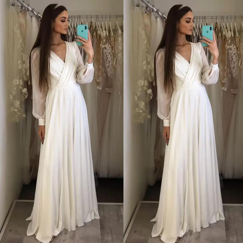 Long Sleeves Popular Wedding Dresses, Simple Chiffon Wedding Dresses Long Sleeves Popular Wedding Dresses, Simple Chiffon Wedding Dresses