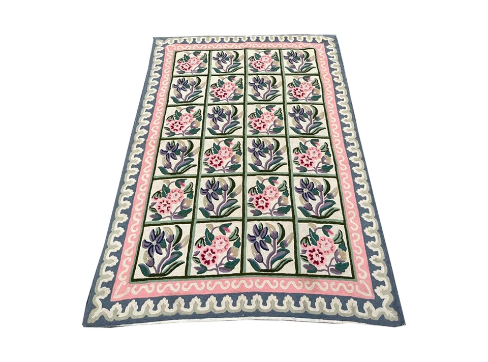 Alfombra estilo Aubusson francesa vintage puntada de cadena alfombra decoración de lana bohemia 4x6 pies Foto 2 de 4