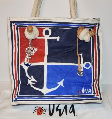 BRIGHTON VERA NEUMANN XLG CANVAS TOTE ANCHOR NAUTICAL RED WHITE BLUE CHARMS $28O