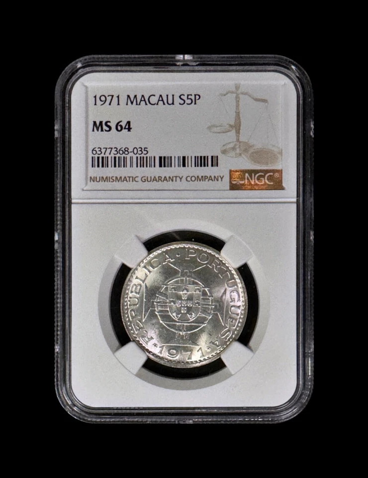MACAU. 1971, 5 Patacas, Silver - NGC MS64 - Portuguese Shield, Crowned Globe - Image 2 of 4