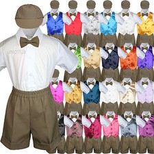 Baby Boy Toddler Formal Vest Shorts Suit Color Vest 5pc D Khaki Bow Tie Set S-4T