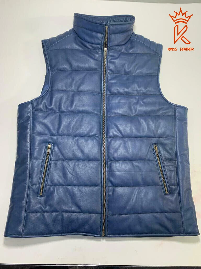 Men Blue Genuine Leather Puffer Motorcycle Vest Casual Fashion Bike Waistcoat