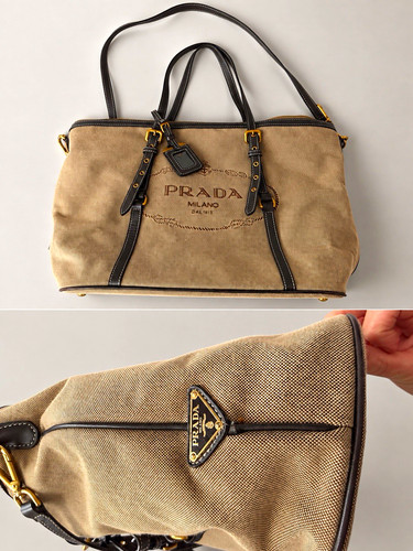 PRADA Milano Logo Jacquard Tote Bag Zip Top Gold Hardware Dust Bag Brand Card