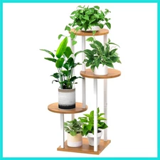 4 Tier Wood Tall Plant Stand Metal Rack Indoor, Multiple Flower Pot Holder Sh...