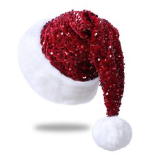 Sequin Santa Hat for Adults with Shiny Sequin and Fluffy Pompom Party Hat for...