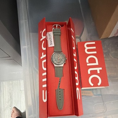 Swatch Irony Chronograph Quartz Watch Gray Dial Silver Case Green Fabric Strap