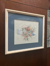 Vintage Cross Stitch Picture Wood Frame Matted Flower Bouquet 14  x13  