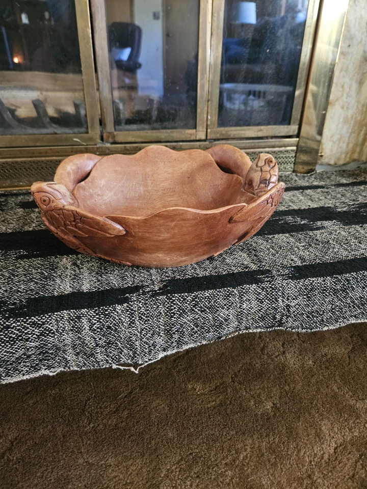 Madera de caoba tallada a mano náutica tortuga marina fruta nuez caramelo cuenco arte de cocina Foto 2 de 4