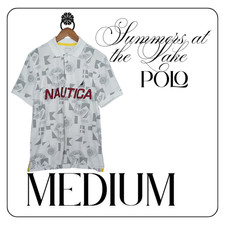 Nautica Polo Shirt Mens Medium White Nautical Print Embroidered Short Sleeve