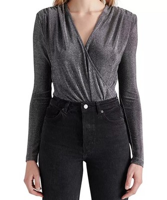 NEW Size M Women's Steve Madden Melvina Ruched Metallic-Knit V-Neck Bodysuit $69