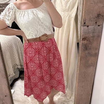 Faded Glory Red A-Line Skirt with braided boho belt size 4-6 new without tags