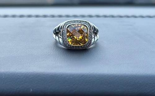 David &Yurman Albion 925  Sterling Silver 14mm Yellow Lemon Citrine Ring Size 7