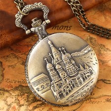 Retro Bronze Tone Castle Arabic Number Quartz Pocket Watch Chain Full Hunter