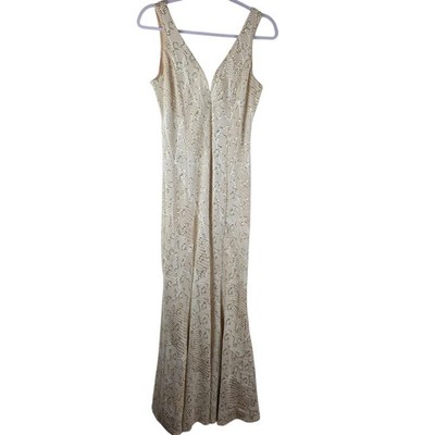 Bailey Blue Sequin Mermaid Maxi Dress Gown L Cream & Gold Lace Evening Glam 