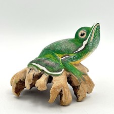 Carved Burl wood Green Frog Figurine 3.5 X 3.5 Inches White Trim Very Cool