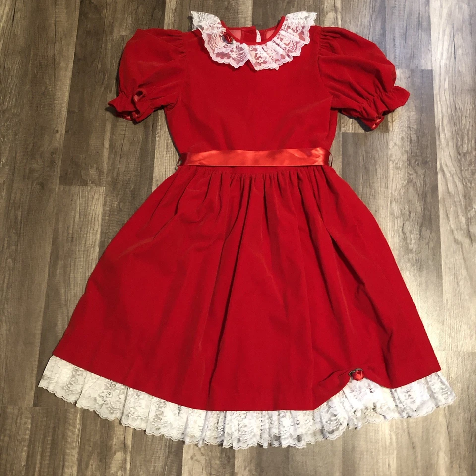 VTG Red Velveteen Lace Bow Dress Girl’s Sz 14 Holiday Christmas Jo Lene USA 80’s - Image 3 of 4