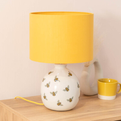 Hummel Bee Tischlampe weiß Keramiksockel gelb Lampenschirm Wohnzimmer Licht