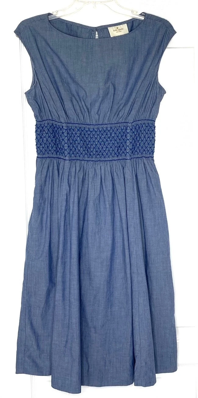 Abito Blaire KATE SPADE New York Chambray blu vita fumè plissettato cotone 8 M