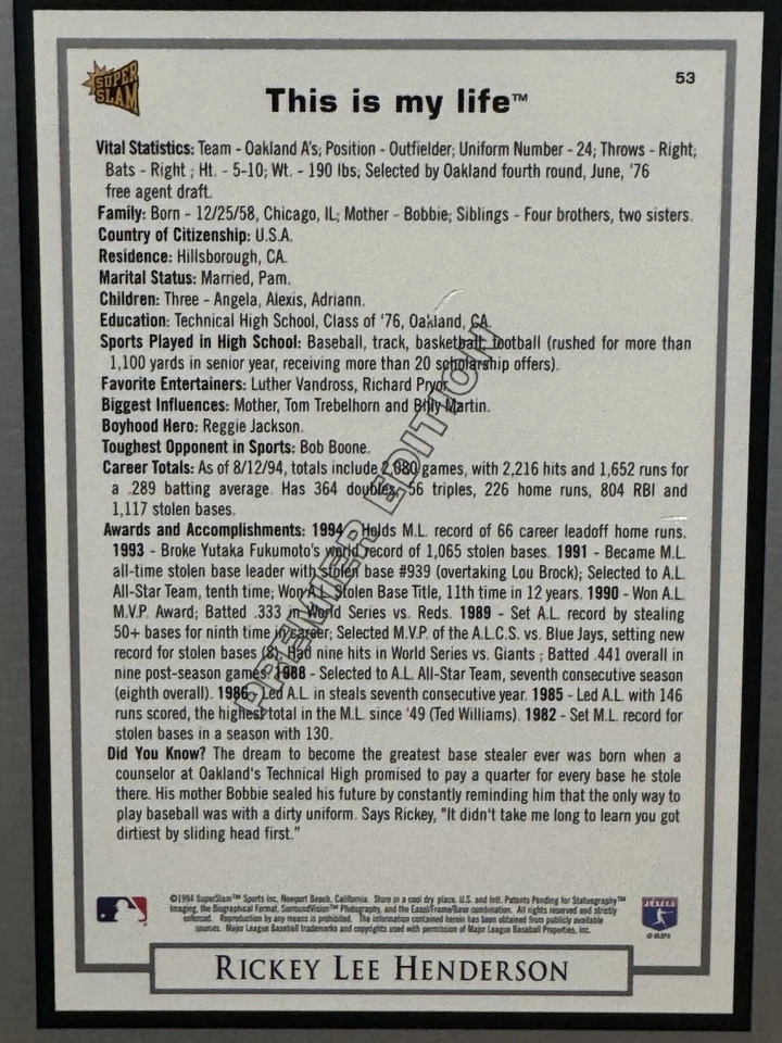 1994 SuperSlam Sports Rickey Henderson Oakland A’s #53 Premier Edition Print - Image 4 of 4