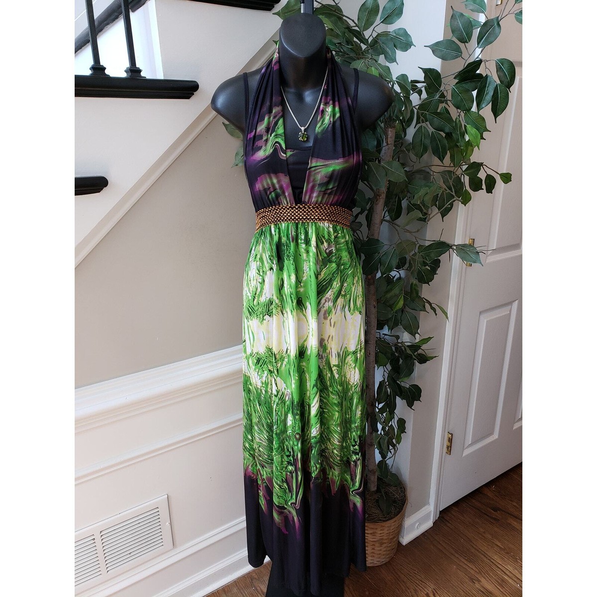 Long Maxi Dress Womens Small Multi Geo Print Couture Sleeveless Halter Neck