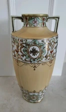 Vintage IE & Co Japan Handpainted Double Handled Vase 10-1/4" Tall