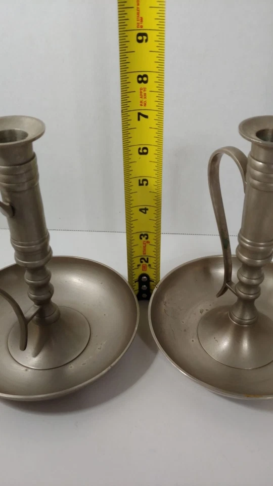 Pier 1 older metal candlesticks w/ handles possibly pewter or brushed nickel - Image 2 of 4