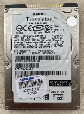 HITACHI TRAVELSTAR IC25N030ATMR04-0 - PATA 2.5 ATA 30GB 4200RPM 30GB HARD DRIVE