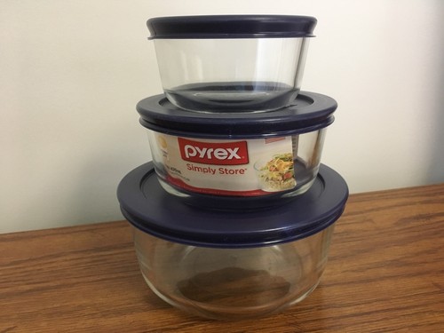 Pyrex Simply Store 6 Piece Round Glass Food Storage Set Blue Lids  124 Cup New