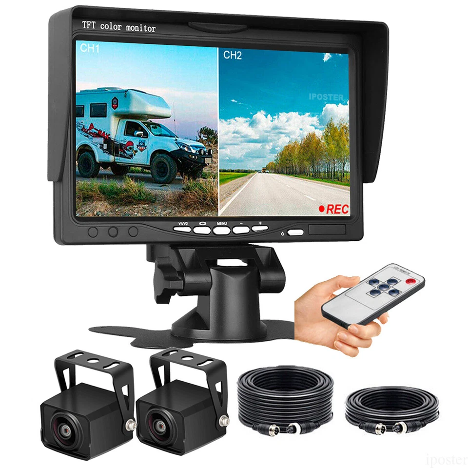 7" Split 2 Screen DVR Monitor 1080P 2x 4PIN Rear View Backup Camera 12-24v Truck - Image 2 of 4