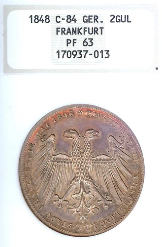German States Frankfurt 1848 Two Gulden Coin Thaler NGC PF 63 Vicar PP PROOF UNC