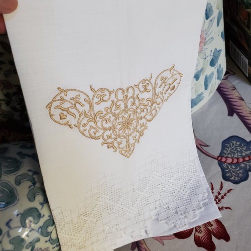 Embroidered Lace & White Linen Hand Towel Fancy Tea Cloth Luxury Serving Textile - Picture 23 of 24