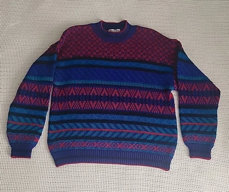 Vintage Nomadic Traders Sweater-Adult Med-Lg-100% Wool-Knit Colorful Checkered - Image 4 of 4